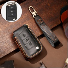 Hallmo Car Cowhide Leather Key Protective Cover Key Case for Volkswagen Lavida B Style (Black)