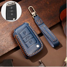Hallmo Car Cowhide Leather Key Protective Cover Key Case for Volkswagen Lavida B Style (Blue)