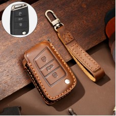 Hallmo Car Cowhide Leather Key Protective Cover Key Case for Volkswagen Lavida B Style (Brown)
