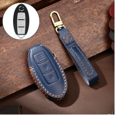 Hallmo Car Cowhide Leather Key Protective Cover Key Case for Nissan Sylphy 2-button (Blue)