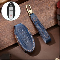 Hallmo Car Cowhide Leather Key Protective Cover Key Case for Nissan Sylphy 3-button Horn (Blue)