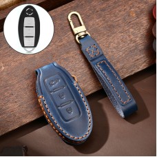 Hallmo Car Cowhide Leather Key Protective Cover Key Case for Nissan Sylphy 3-button Tail Box (Blue)