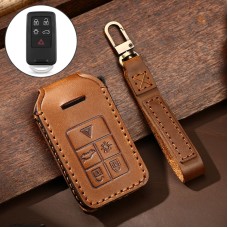 Hallmo Car Cowhide Leather Key Protective Cover Key Case for Volvo 5-button (Brown)