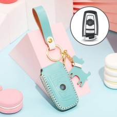 Hallmo Car Female Style Cowhide Leather Key Protective Cover for BMW, A Type (Lake Blue)