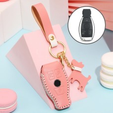 Hallmo Car Female Style Cowhide Leather Key Protective Cover for Mercedes-Benz, A Type (Pink)