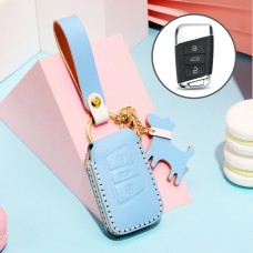 Hallmo Car Female Style Cowhide Leather Key Protective Cover for Volkswagen, A Type (Sky Blue)