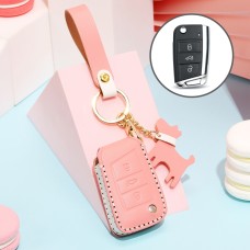 Hallmo Car Female Style Cowhide Leather Key Protective Cover for Volkswagen, B Type (Pink)