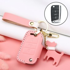 Hallmo Car Female Style Cowhide Leather Key Protective Cover for Volkswagen, B Type Folding (Pink)