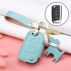 Hallmo Car Female Style Cowhide Leather Key Protective Cover for Volkswagen, B Type Folding (Lake Blue)