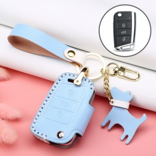 Hallmo Car Female Style Cowhide Leather Key Protective Cover for Volkswagen, B Type Folding (Sky Blue)