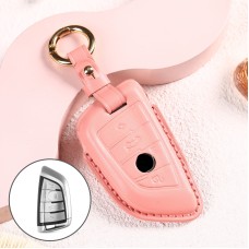 Car Female Style Cowhide Leather Key Protective Cover for BMW, B Type Blade without Bow (Pink)