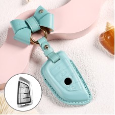 Car Female Style Cowhide Leather Key Protective Cover for BMW, B Type Blade with Bow (Lake Blue)
