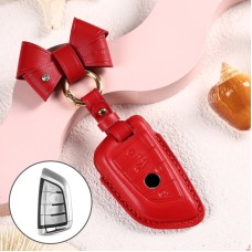 Car Female Style Cowhide Leather Key Protective Cover for BMW, B Type Blade with Bow (Red)