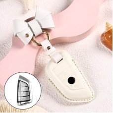 Car Female Style Cowhide Leather Key Protective Cover for BMW, B Type Blade with Bow (White)