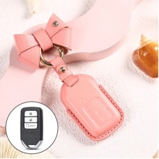 Car Female Style Cowhide Leather Key Protective Cover for Honda 3-button Start, with Bow (Pink)