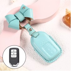 Car Female Style Cowhide Leather Key Protective Cover for Honda 3-button Start, with Bow (Lake Blue)