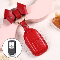 Car Female Style Cowhide Leather Key Protective Cover for Honda 3-button Start, with Bow (Red)