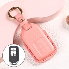 Car Female Style Cowhide Leather Key Protective Cover for Honda 4-button Start, without Bow (Pink)