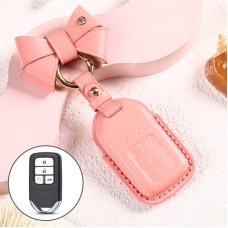 Car Female Style Cowhide Leather Key Protective Cover for Honda 4-button Start, with Bow (Pink)