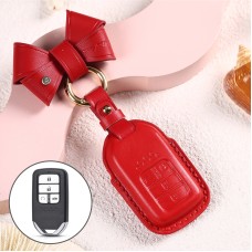 Car Female Style Cowhide Leather Key Protective Cover for Honda 4-button Start, with Bow (Red)