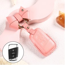 Car Female Style Cowhide Leather Key Protective Cover for Volkswagen, A Type with Bow (Pink)