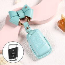 Car Female Style Cowhide Leather Key Protective Cover for Volkswagen, A Type with Bow (Lake Blue)