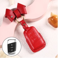 Car Female Style Cowhide Leather Key Protective Cover for Volkswagen, A Type with Bow (Red)