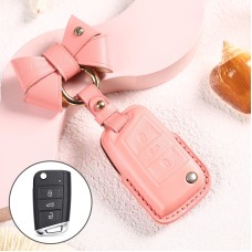 Car Female Style Cowhide Leather Key Protective Cover for Volkswagen, B Type with Bow (Pink)