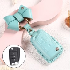 Car Female Style Cowhide Leather Key Protective Cover for Volkswagen, B Type with Bow (Lake Blue)
