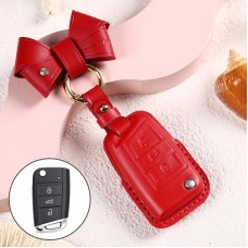 Car Female Style Cowhide Leather Key Protective Cover for Volkswagen, B Type with Bow (Red)