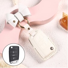 Car Female Style Cowhide Leather Key Protective Cover for Volkswagen, B Type with Bow (White)