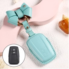 Car Female Style Cowhide Leather Key Protective Cover for Toyota 2-button 2018, with Bow (Lake Blue)