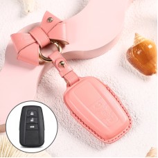 Car Female Style Cowhide Leather Key Protective Cover for Toyota 3-button 2018, with Bow (Pink)