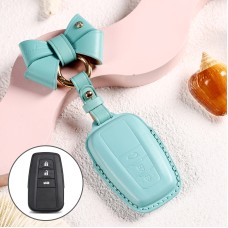 Car Female Style Cowhide Leather Key Protective Cover for Toyota 3-button 2018, with Bow (Lake Blue)