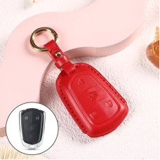 Car Female Style Cowhide Leather Key Protective Cover for Cadillac 4-button, without Bow (Red)