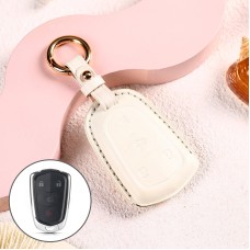 Car Female Style Cowhide Leather Key Protective Cover for Cadillac 4-button, without Bow (White)