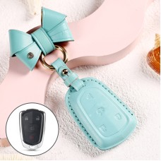 Car Female Style Cowhide Leather Key Protective Cover for Cadillac 4-button, with Bow (Lake Blue)