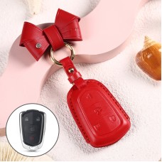 Car Female Style Cowhide Leather Key Protective Cover for Cadillac 4-button, with Bow (Red)