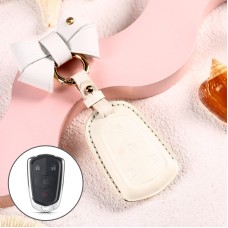 Car Female Style Cowhide Leather Key Protective Cover for Cadillac 4-button, with Bow (White)