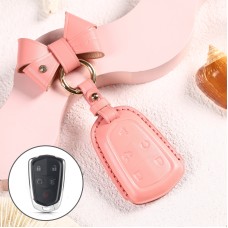 Car Female Style Cowhide Leather Key Protective Cover for Cadillac 5-button, with Bow (Pink)