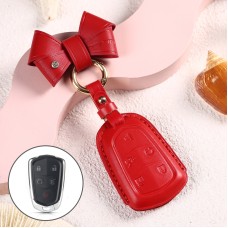 Car Female Style Cowhide Leather Key Protective Cover for Cadillac 5-button, with Bow (Red)