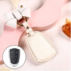 Car Female Style Cowhide Leather Key Protective Cover for Cadillac 5-button, with Bow (White)