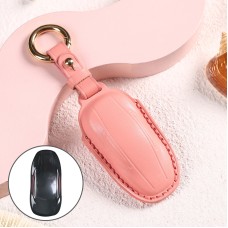 Car Female Style Cowhide Leather Key Protective Cover for Tesla Model X, B Type without Bow (Pink)