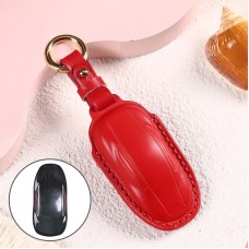 Car Female Style Cowhide Leather Key Protective Cover for Tesla Model X, B Type without Bow (Red)