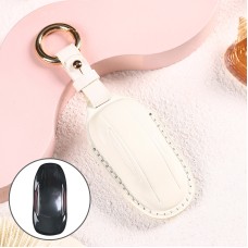 Car Female Style Cowhide Leather Key Protective Cover for Tesla Model X, B Type without Bow (White)