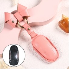 Car Female Style Cowhide Leather Key Protective Cover for Tesla Model X, B Type with Bow (Pink)