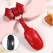 Car Female Style Cowhide Leather Key Protective Cover for Tesla Model X, B Type with Bow (Red)