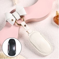 Car Female Style Cowhide Leather Key Protective Cover for Tesla Model X, B Type with Bow (White)