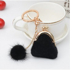 3 PCS Mini Unique Keychain Coin Purse Women Pompon Rabbit Fur Ball Plush Key Ring Holder Girls Bags Charm Women Purse Wallet(Black)