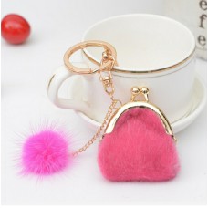 3 PCS Mini Unique Keychain Coin Purse Women Pompon Rabbit Fur Ball Plush Key Ring Holder Girls Bags Charm Women Purse Wallet( Rose Red)